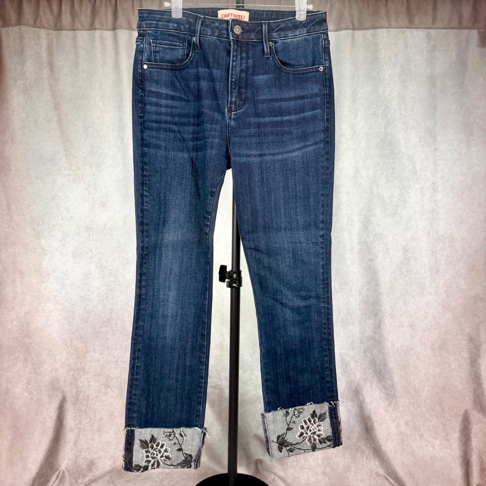 Driftwood Colette Dark Wash Embroidered Burnt Floral Straight Leg Jeans W27 L25